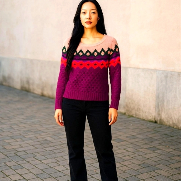 American Eagle Sweater Fair Isle Crew Neck wool blend Purple Orange Pinks Size L - Picture 3 of 13
